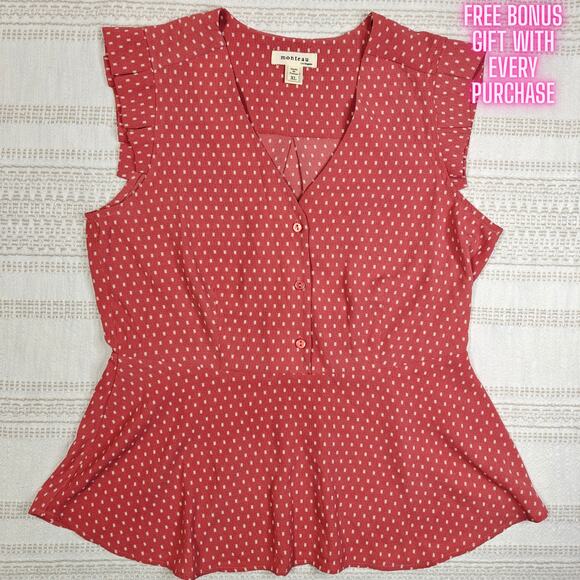 Monteau Red Peplum Ruffle Sleeve Blouse Top Women’s Size XL NEW Flattering Fit - Picture 1 of 6